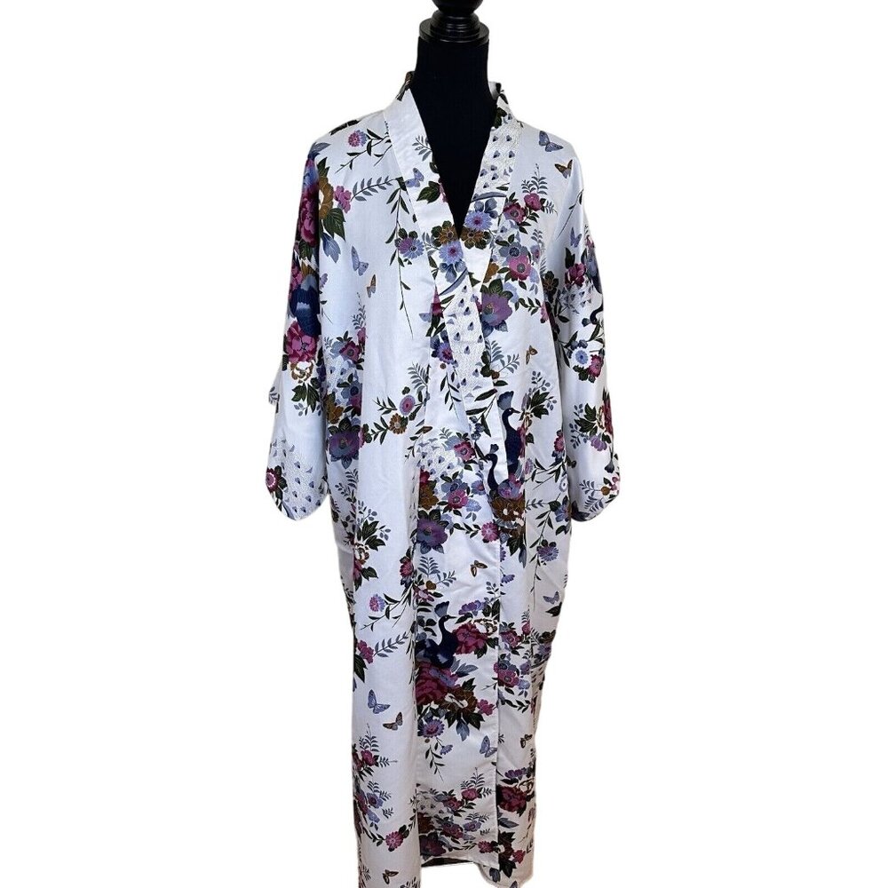 ICHI Ban Japanese Kimono Women Adult 2X  Purple White Floral Art Robe Satin
